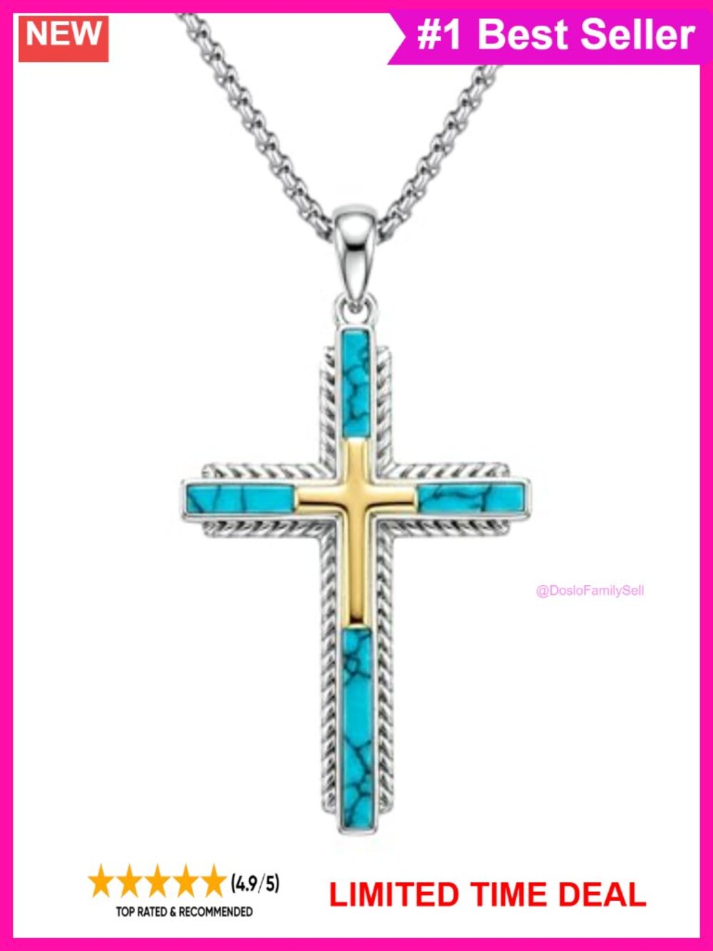 14K Gold Plated Cross Necklace Turquoise Western Pendant 22-24"
